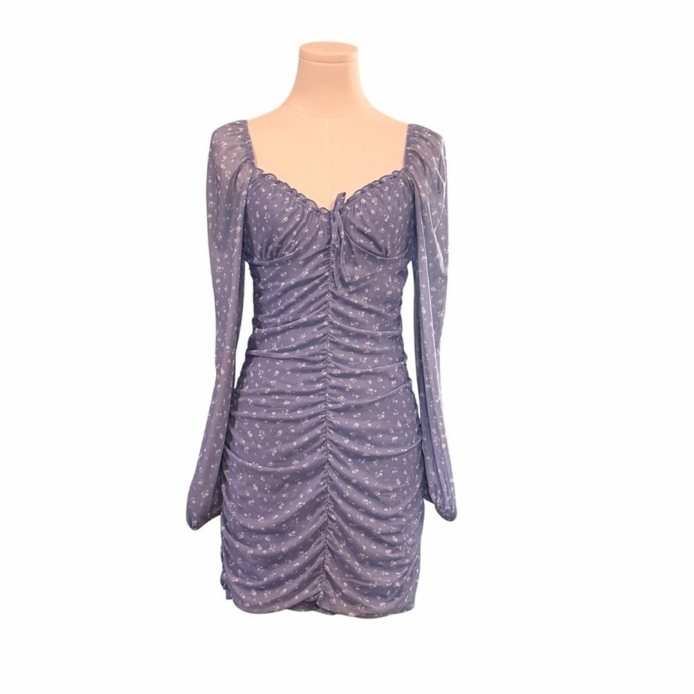 H&M Divided Ruched‎ Floral Mesh Mini Dress Blue S Cottagecore Coquette Romantic